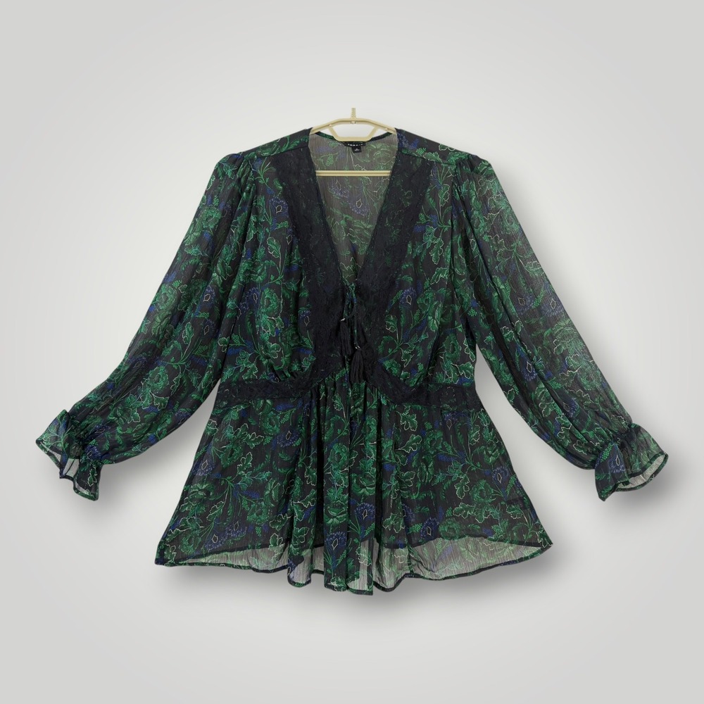 Torrid Green Floral Lace Trim Metallic Chiffon Peplum Blouse Top Size 3 3X